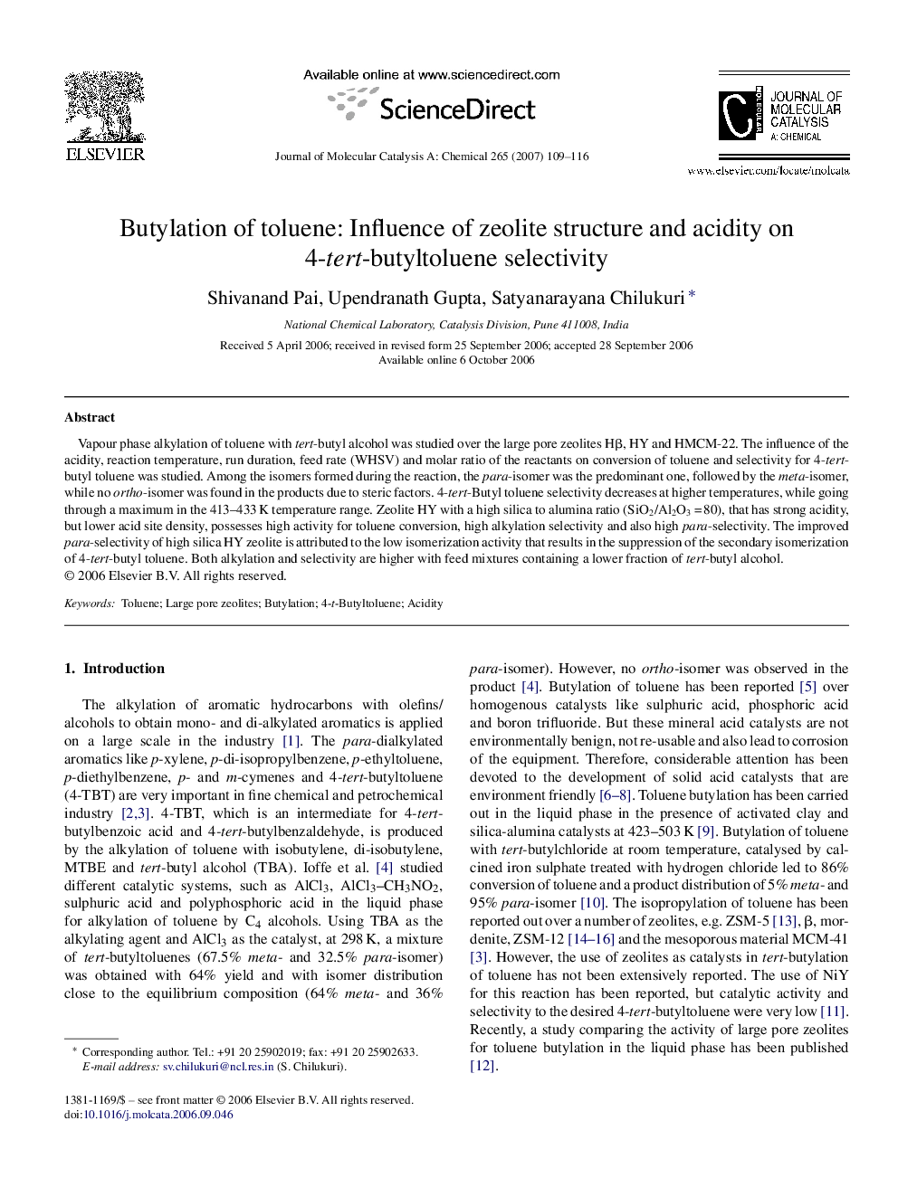 Butylation of toluene: Influence of zeolite structure and acidity on 4-tert-butyltoluene selectivity