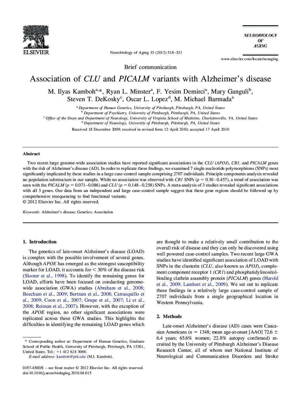 Association of CLU and PICALM variants with Alzheimer's disease