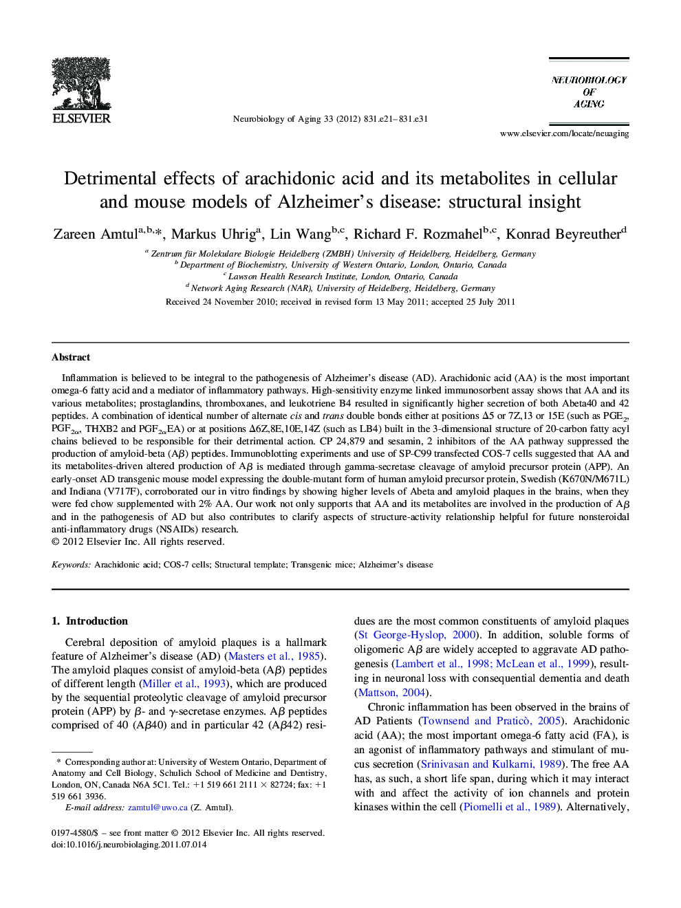 Detrimental effects of arachidonic acid and its metabolites in cellular and mouse models of Alzheimer's disease: structural insight