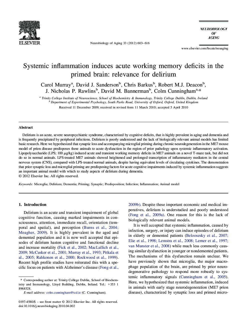 Systemic inflammation induces acute working memory deficits in the primed brain: relevance for delirium