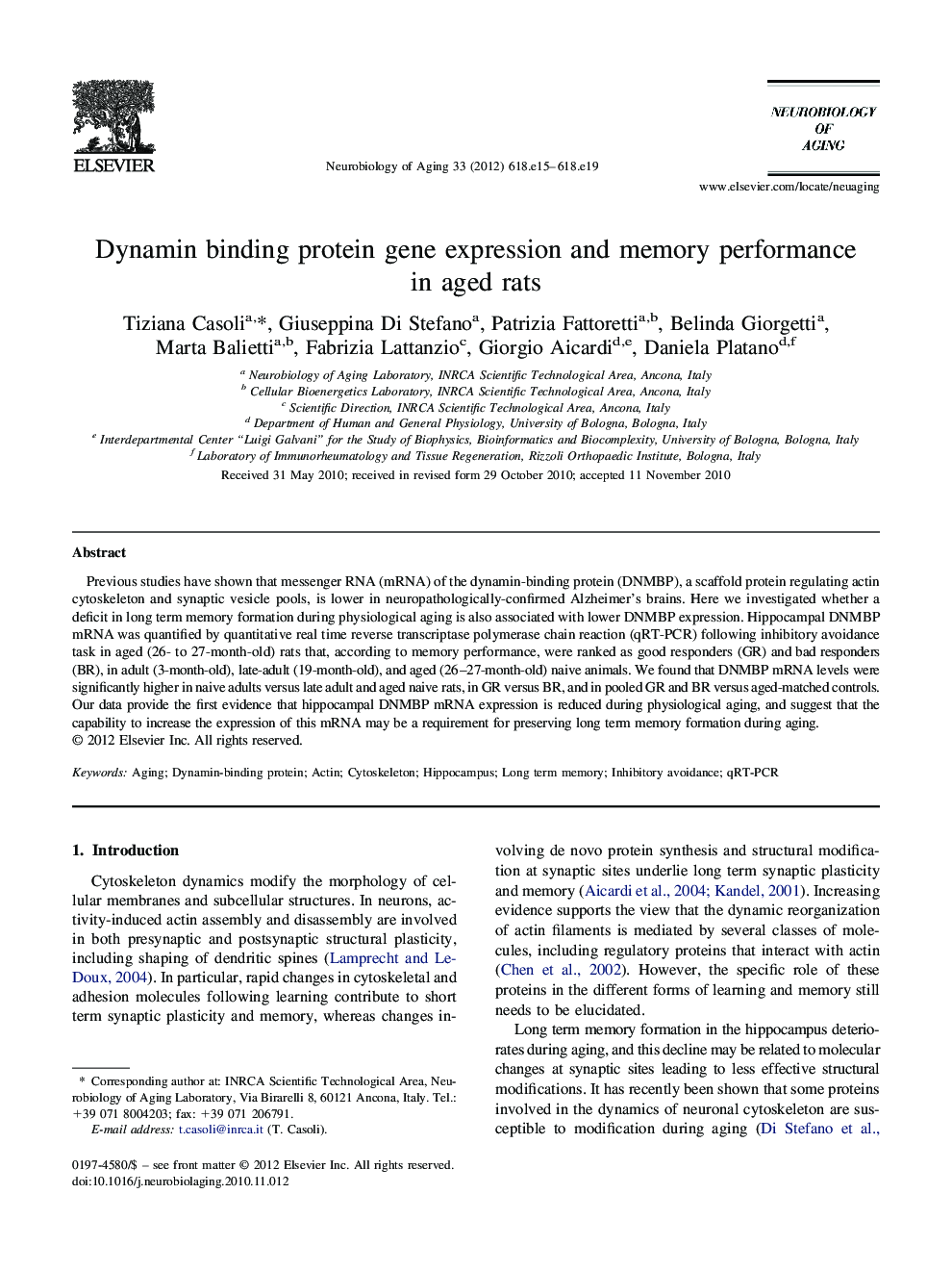 Dynamin binding protein gene expression and memory performance in aged rats