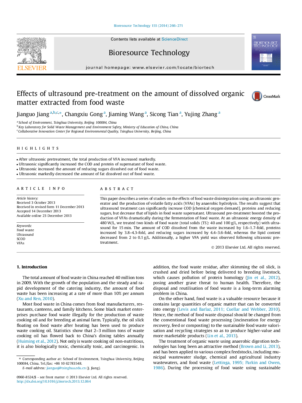 Effects of ultrasound pre-treatment on the amount of dissolved organic matter extracted from food waste