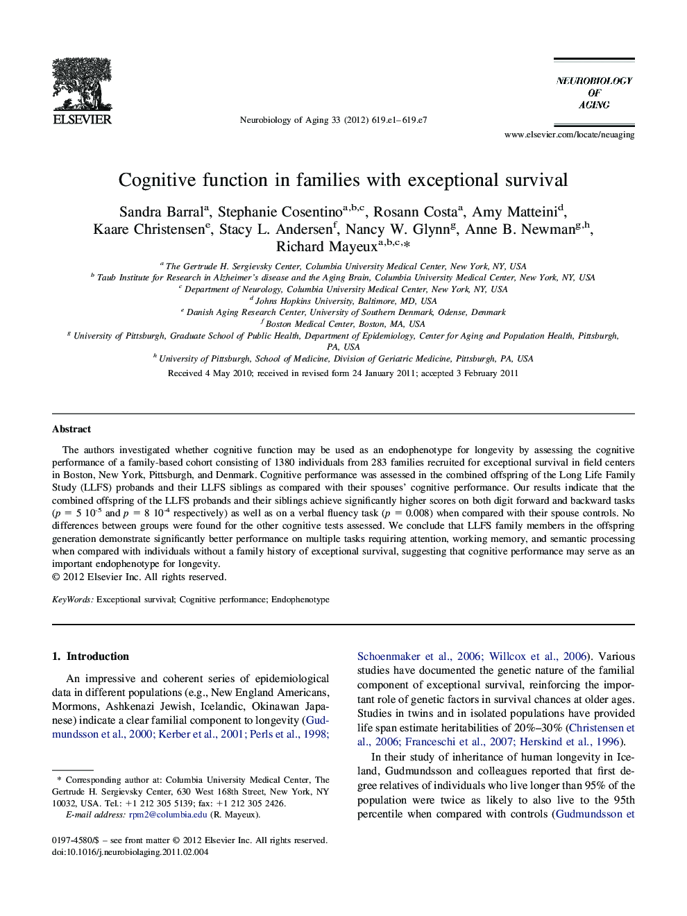 Cognitive function in families with exceptional survival