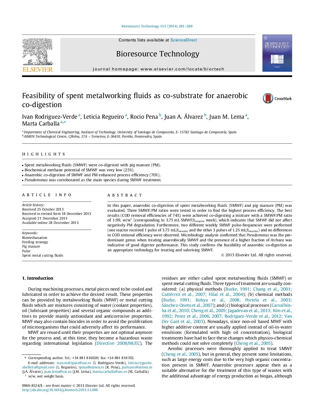 Feasibility of spent metalworking fluids as co-substrate for anaerobic co-digestion