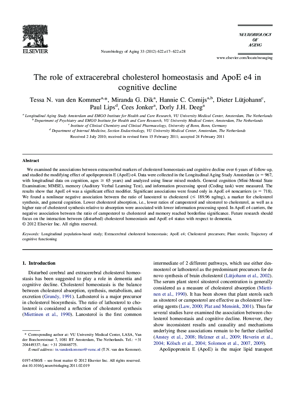 The role of extracerebral cholesterol homeostasis and ApoE e4 in cognitive decline