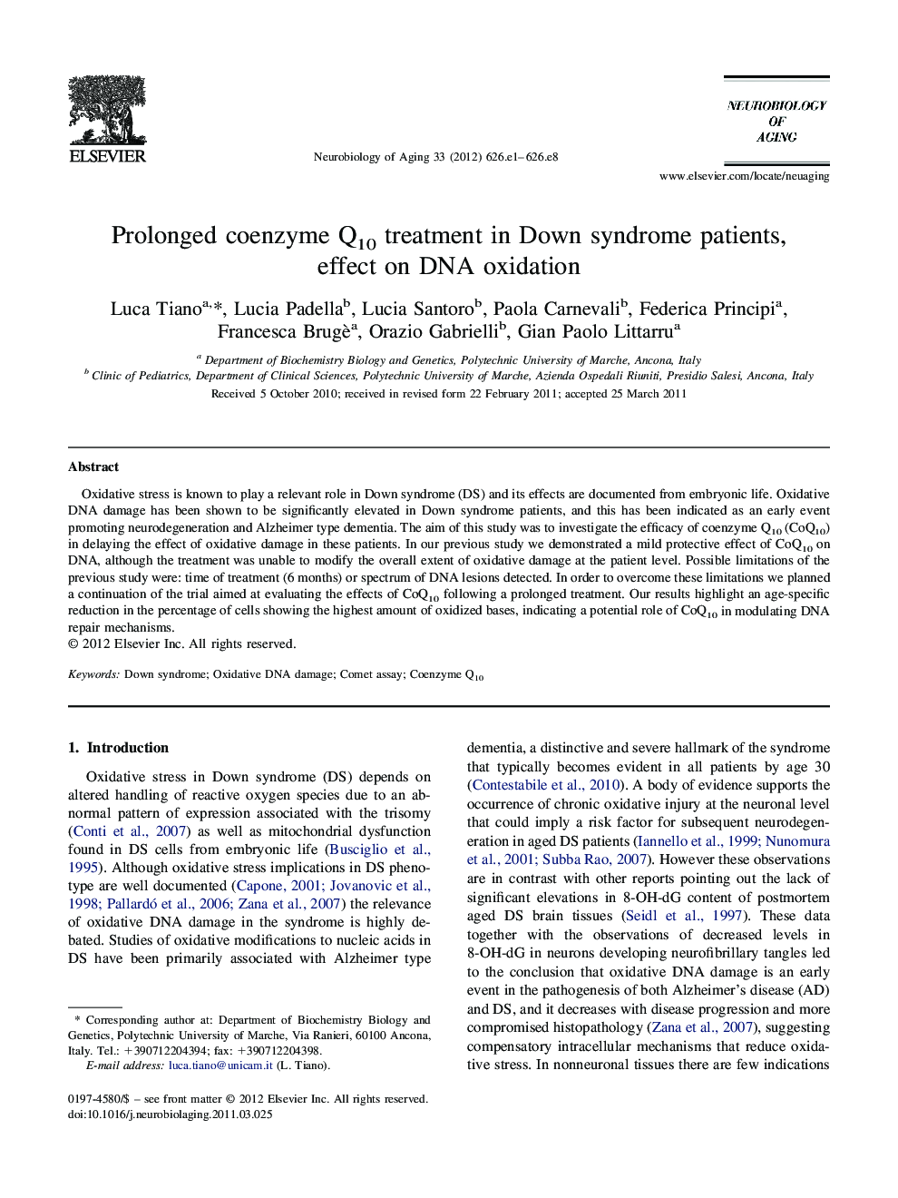 Prolonged coenzyme Q10 treatment in Down syndrome patients, effect on DNA oxidation