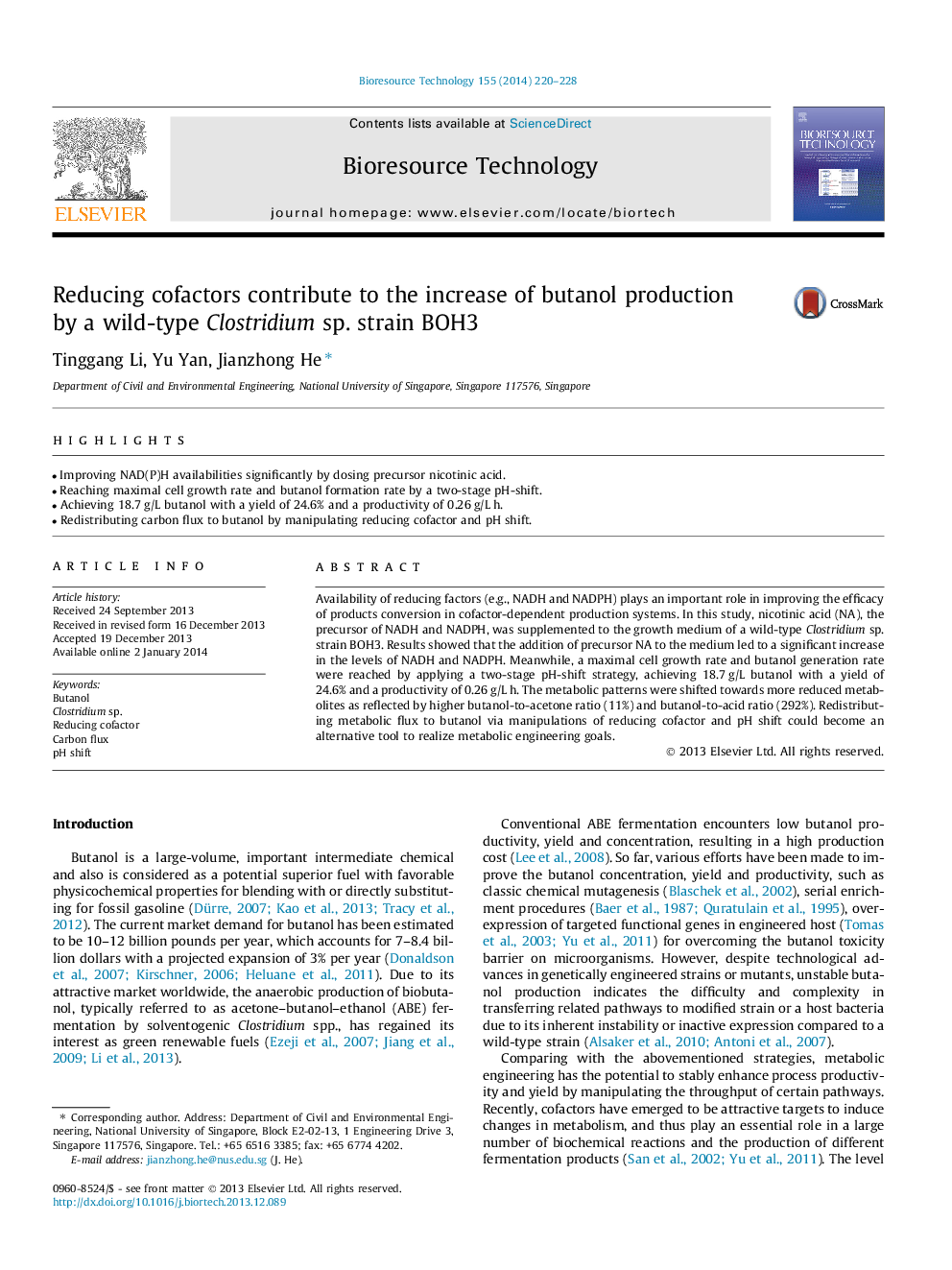 Reducing cofactors contribute to the increase of butanol production by a wild-type Clostridium sp. strain BOH3