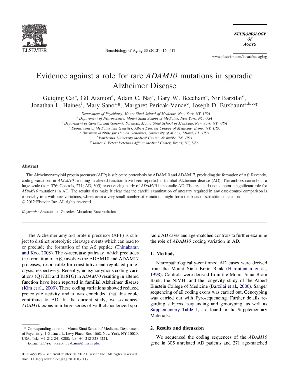 Evidence against a role for rare ADAM10 mutations in sporadic Alzheimer Disease