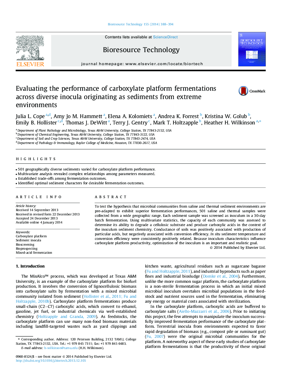 Evaluating the performance of carboxylate platform fermentations across diverse inocula originating as sediments from extreme environments