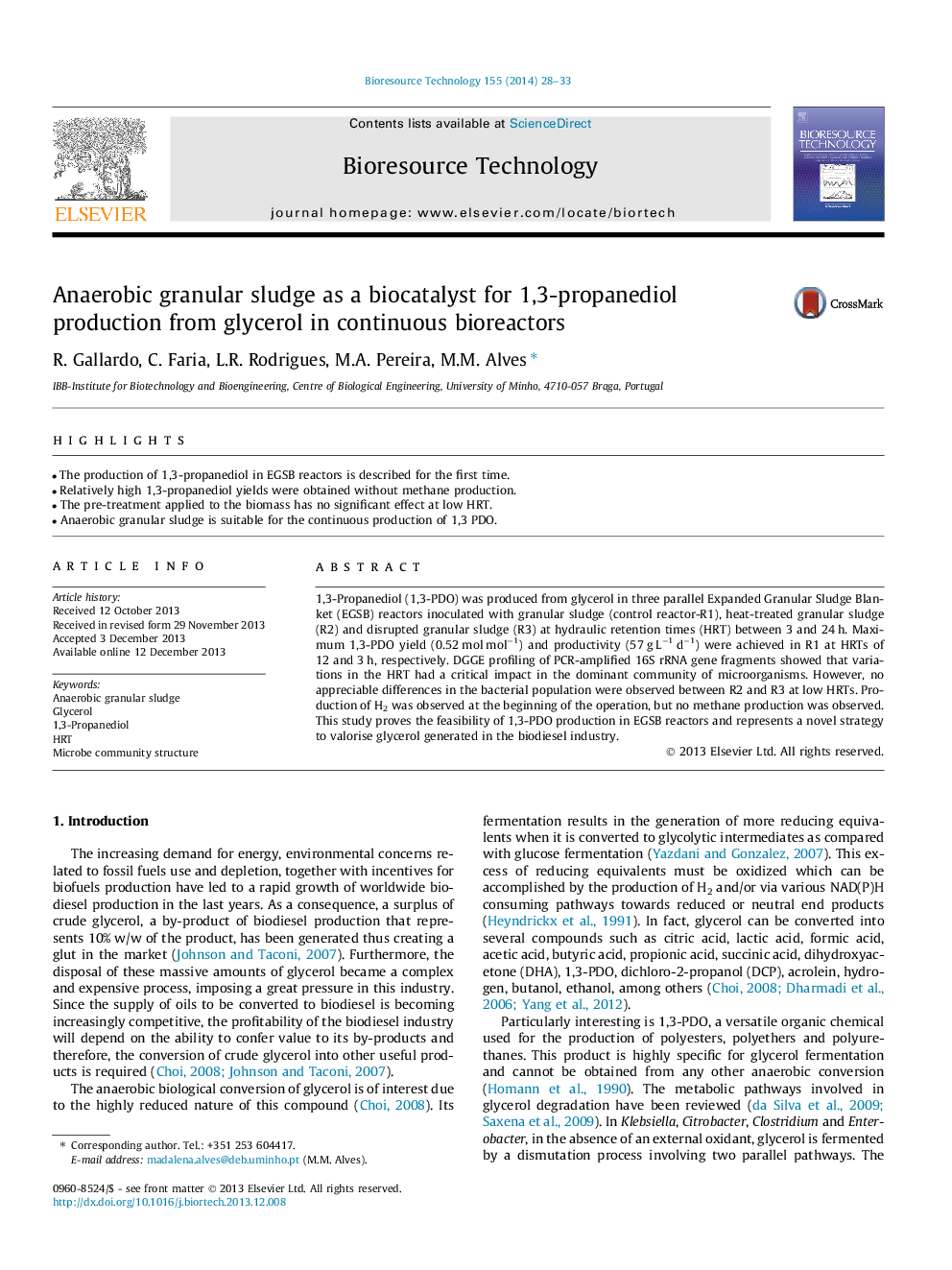 Anaerobic granular sludge as a biocatalyst for 1,3-propanediol production from glycerol in continuous bioreactors