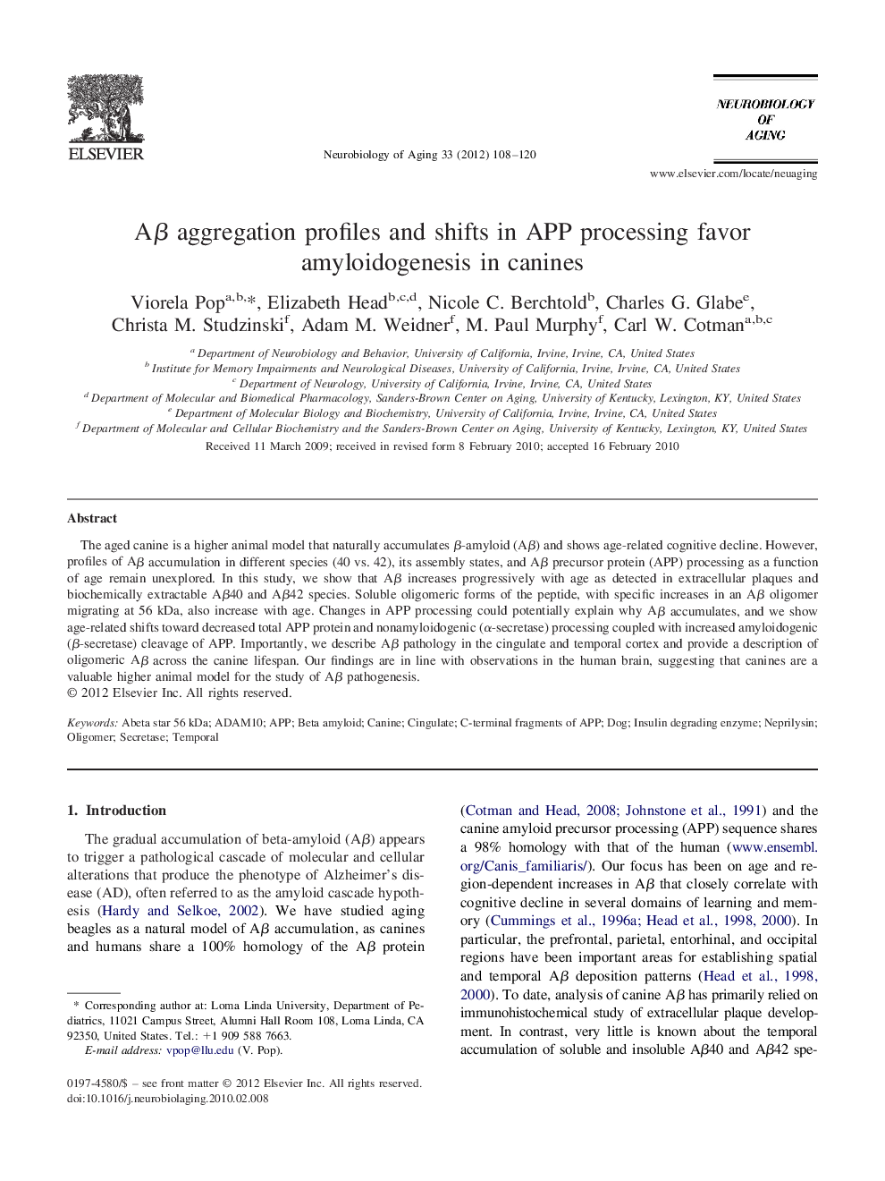 AÎ² aggregation profiles and shifts in APP processing favor amyloidogenesis in canines