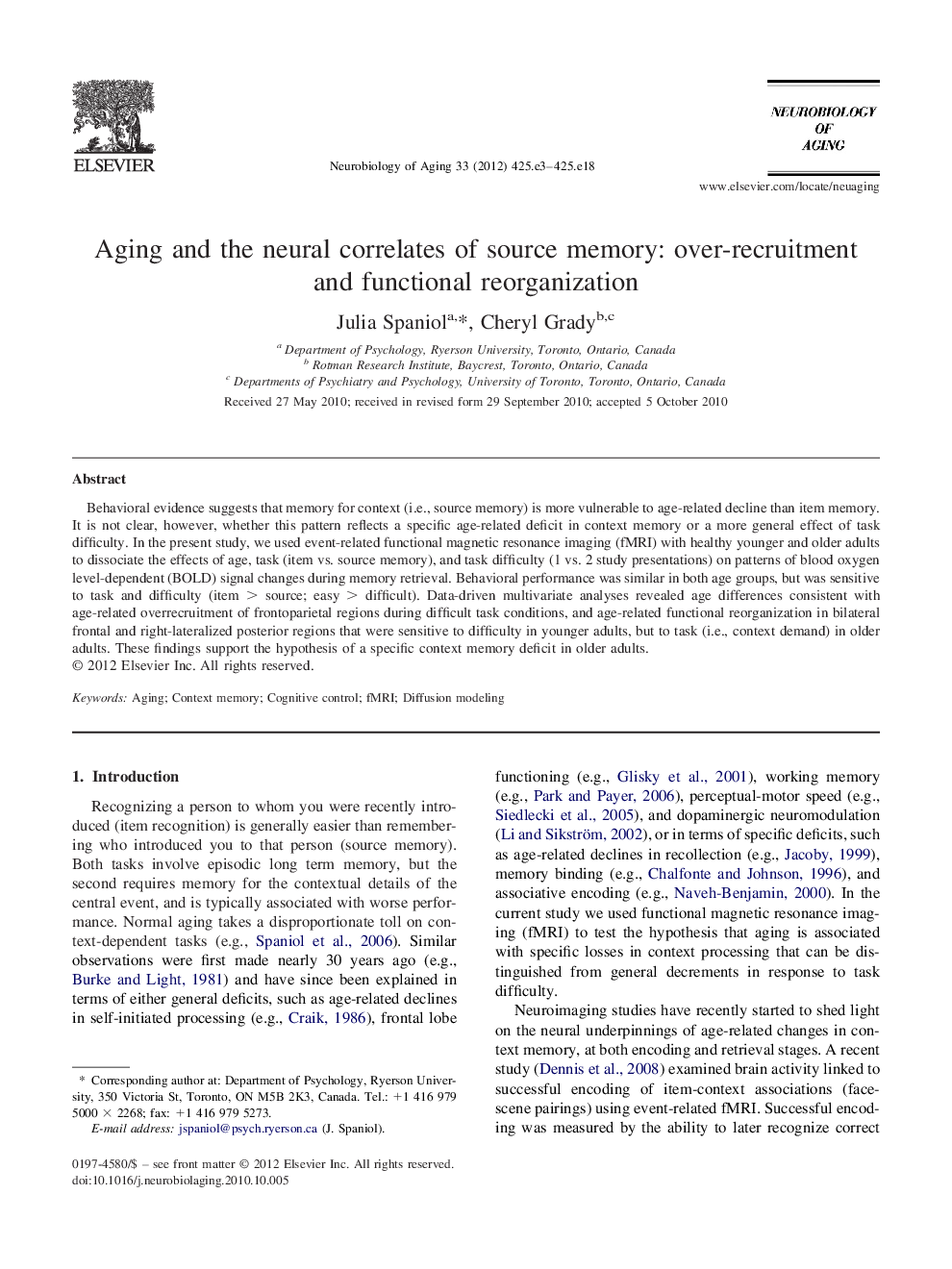 Aging and the neural correlates of source memory: over-recruitment and functional reorganization