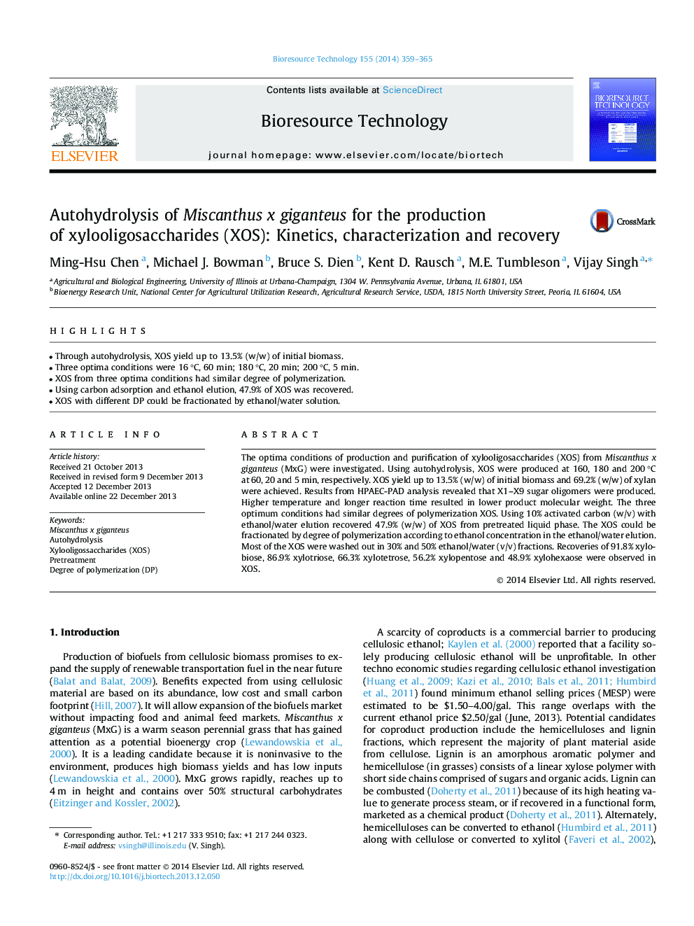 Autohydrolysis of Miscanthus x giganteus for the production of xylooligosaccharides (XOS): Kinetics, characterization and recovery