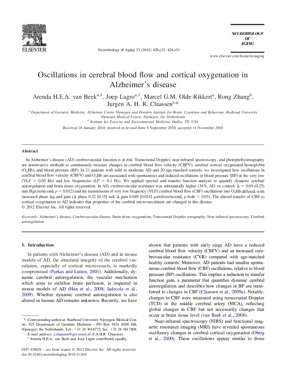 Oscillations in cerebral blood flow and cortical oxygenation in Alzheimer's disease