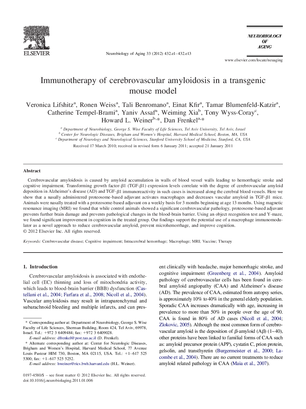 Immunotherapy of cerebrovascular amyloidosis in a transgenic mouse model