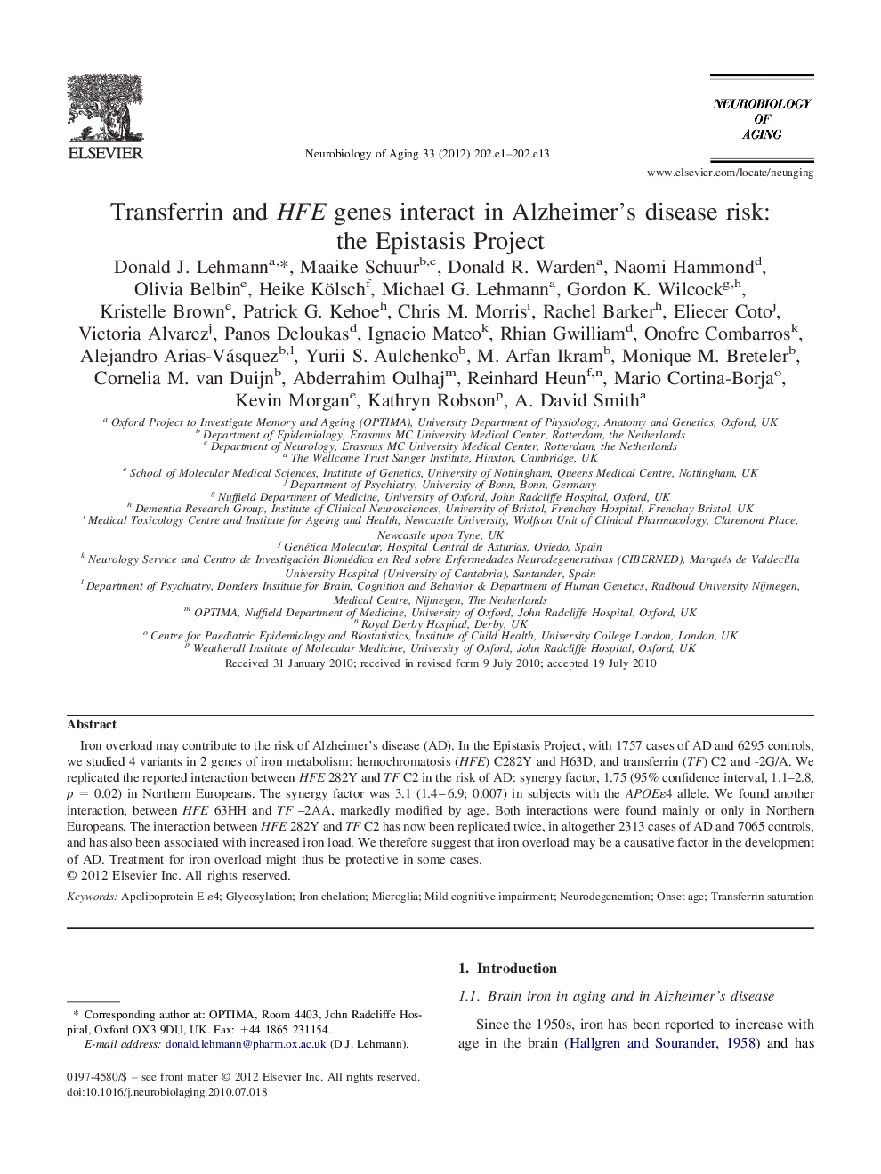 Transferrin and HFE genes interact in Alzheimer's disease risk: the Epistasis Project