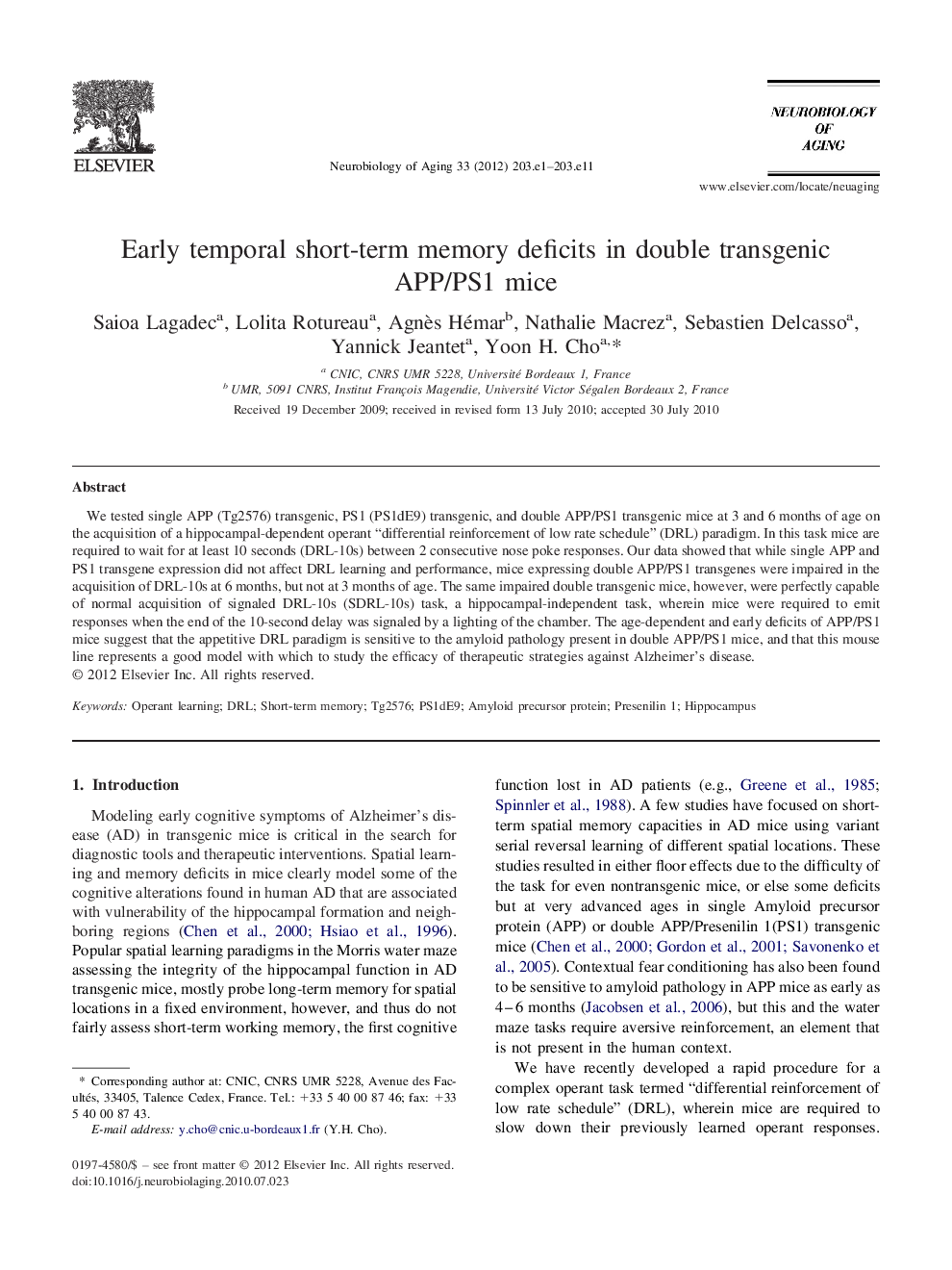 Early temporal short-term memory deficits in double transgenic APP/PS1 mice