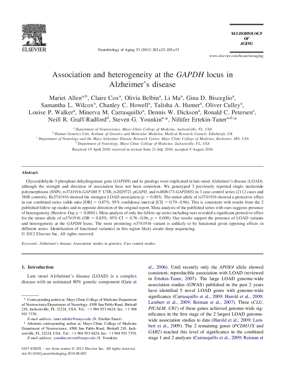 Association and heterogeneity at the GAPDH locus in Alzheimer's disease