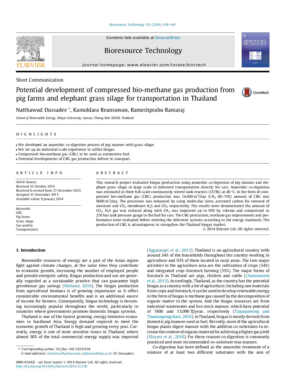 Potential development of compressed bio-methane gas production from pig farms and elephant grass silage for transportation in Thailand