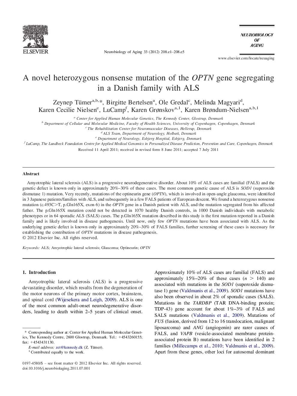 A novel heterozygous nonsense mutation of the OPTN gene segregating in a Danish family with ALS