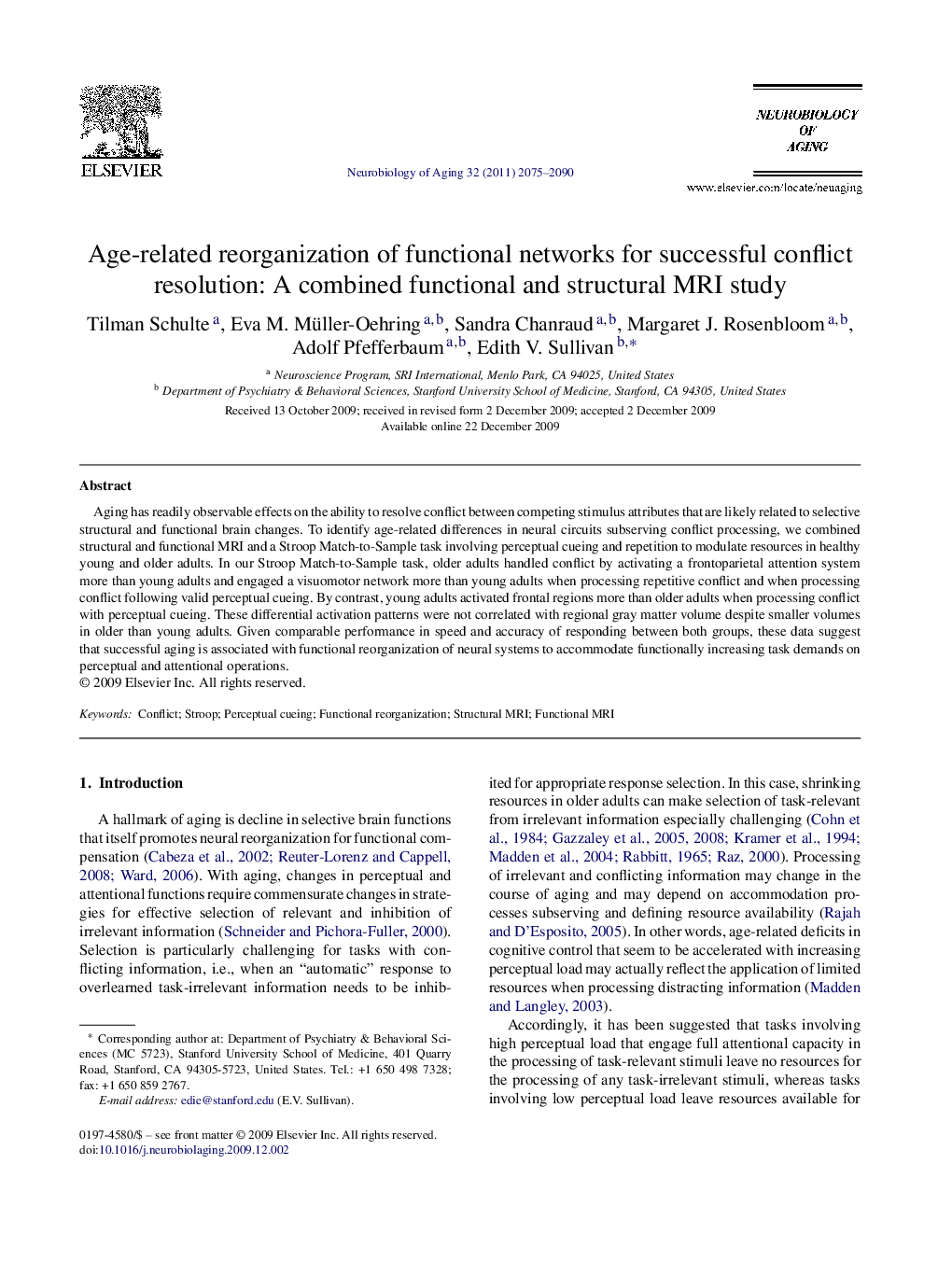 Age-related reorganization of functional networks for successful conflict resolution: A combined functional and structural MRI study