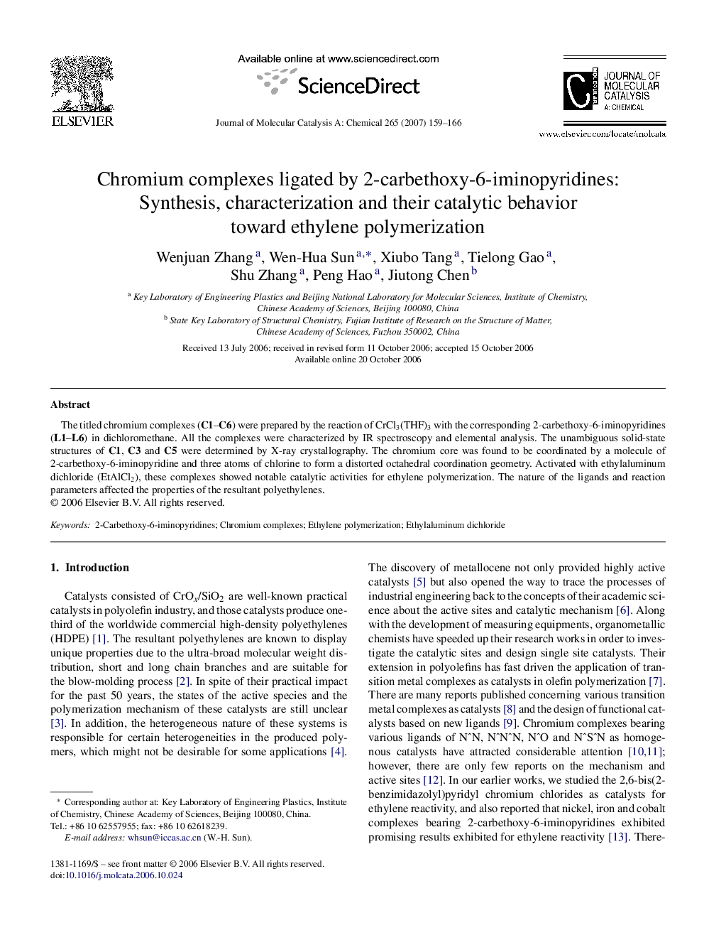 Chromium complexes ligated by 2-carbethoxy-6-iminopyridines: Synthesis, characterization and their catalytic behavior toward ethylene polymerization