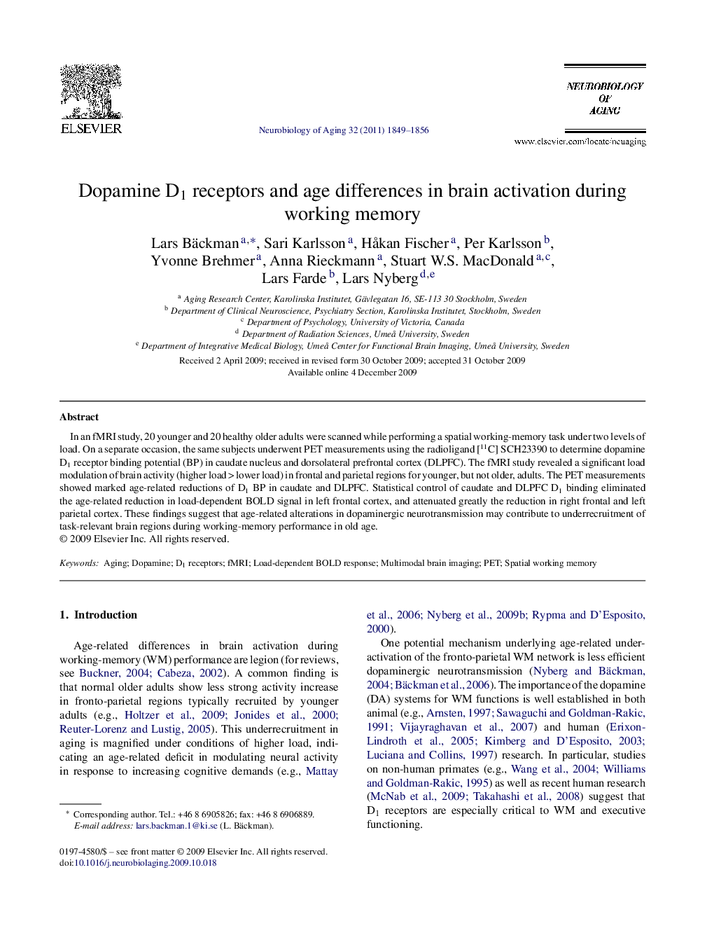 Dopamine D1 receptors and age differences in brain activation during working memory