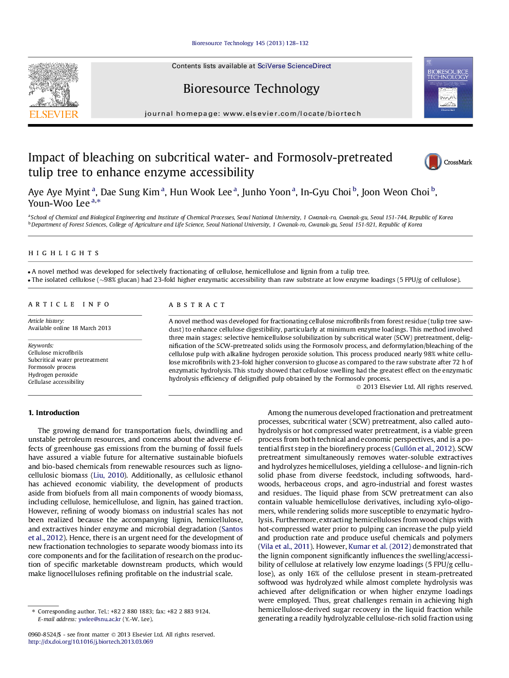 Impact of bleaching on subcritical water- and Formosolv-pretreated tulip tree to enhance enzyme accessibility