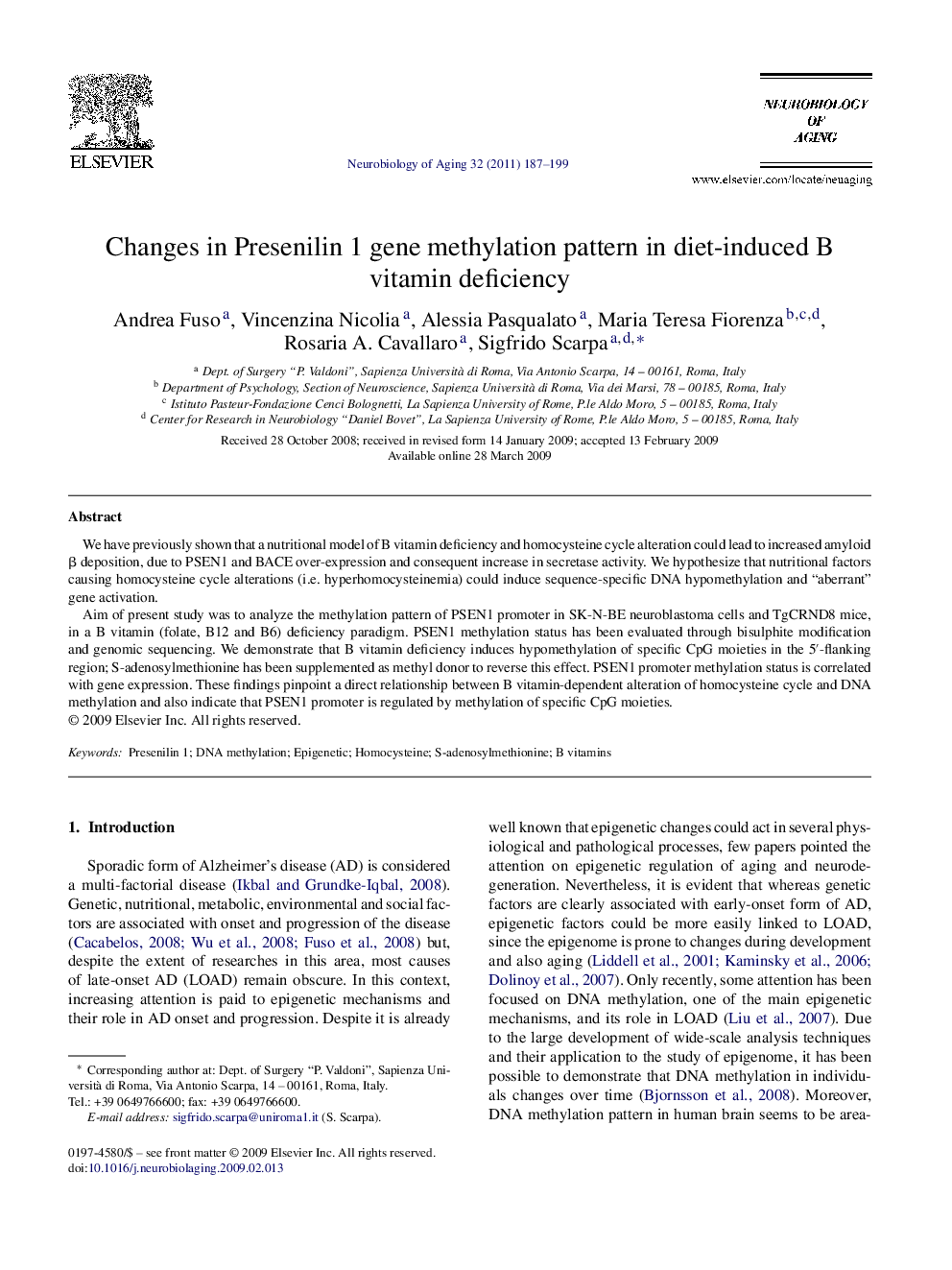 Changes in Presenilin 1 gene methylation pattern in diet-induced B vitamin deficiency