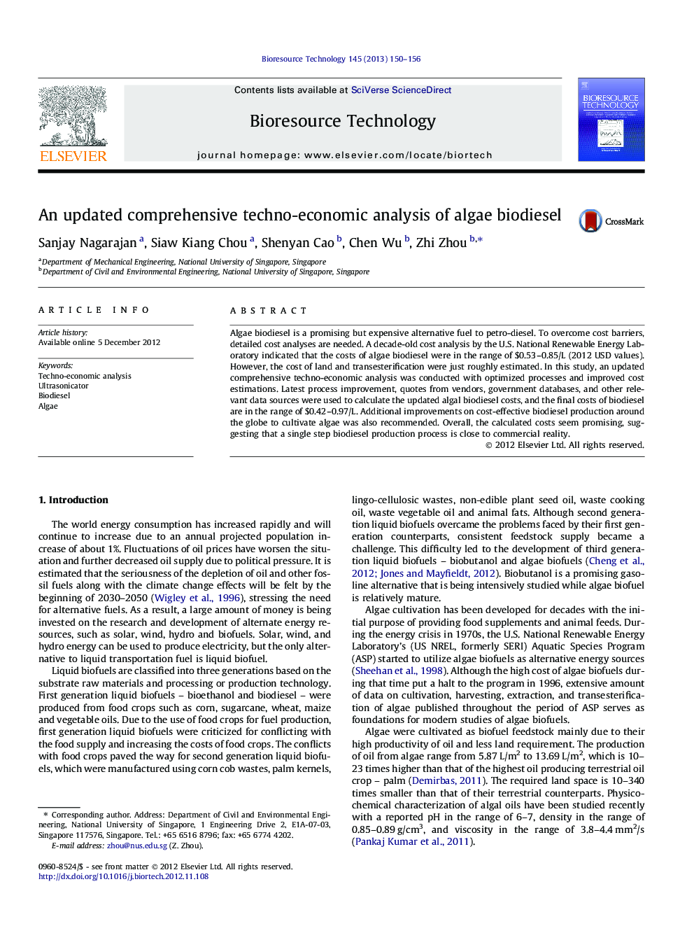 عکس صفحه اول مقاله: An updated comprehensive techno-economic analysis of algae biodiesel An updated comprehensive techno-economic analysis of algae biodiesel