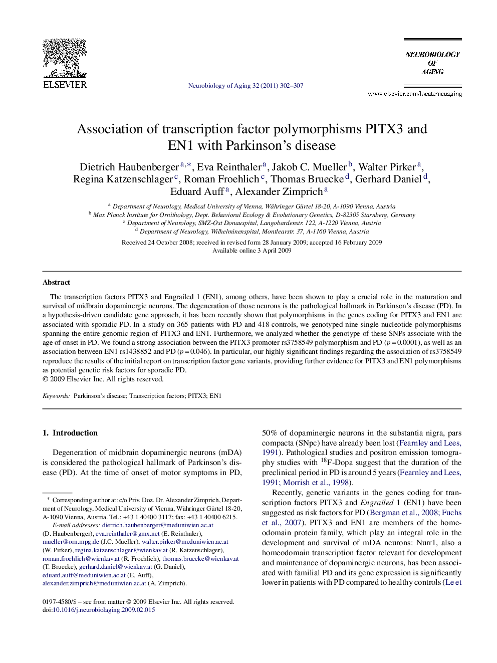 Association of transcription factor polymorphisms PITX3 and EN1 with Parkinson's disease