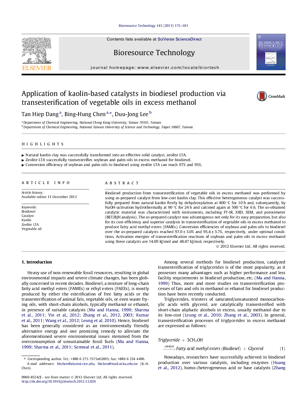 Application of kaolin-based catalysts in biodiesel production via transesterification of vegetable oils in excess methanol