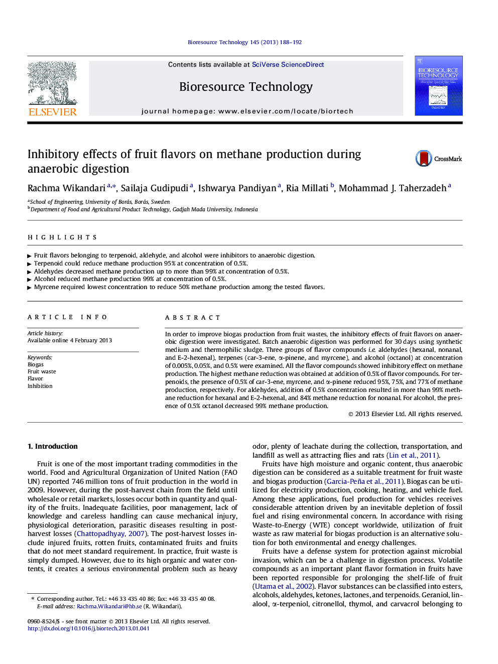 Inhibitory effects of fruit flavors on methane production during anaerobic digestion