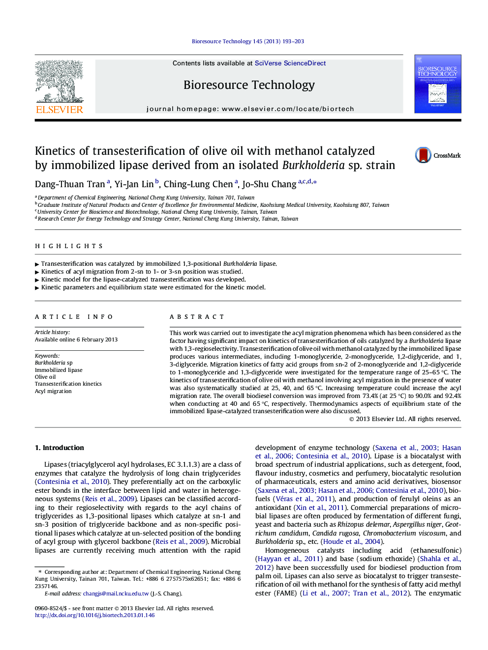 Kinetics of transesterification of olive oil with methanol catalyzed by immobilized lipase derived from an isolated Burkholderia sp. strain