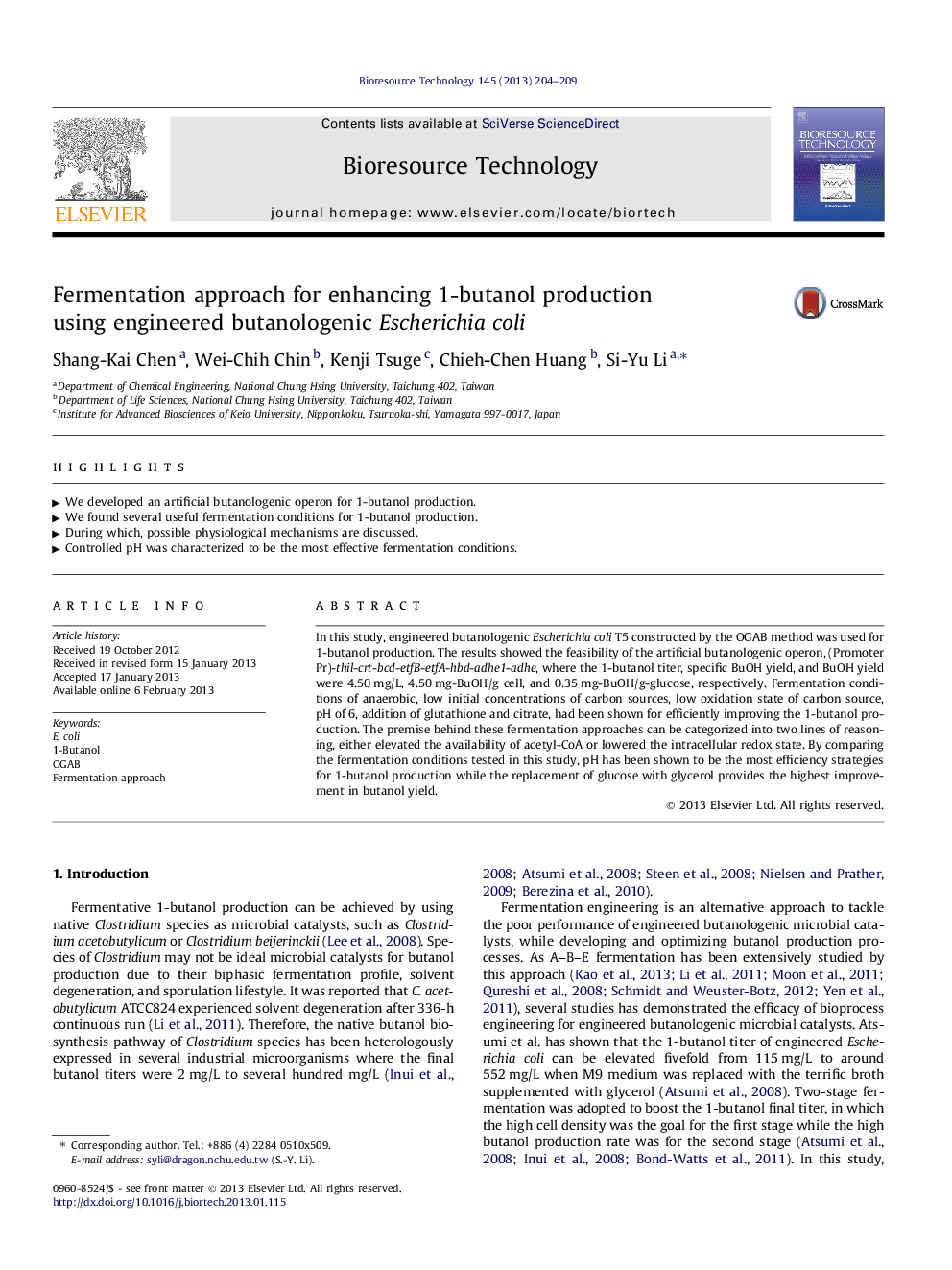 Fermentation approach for enhancing 1-butanol production using engineered butanologenic Escherichia coli