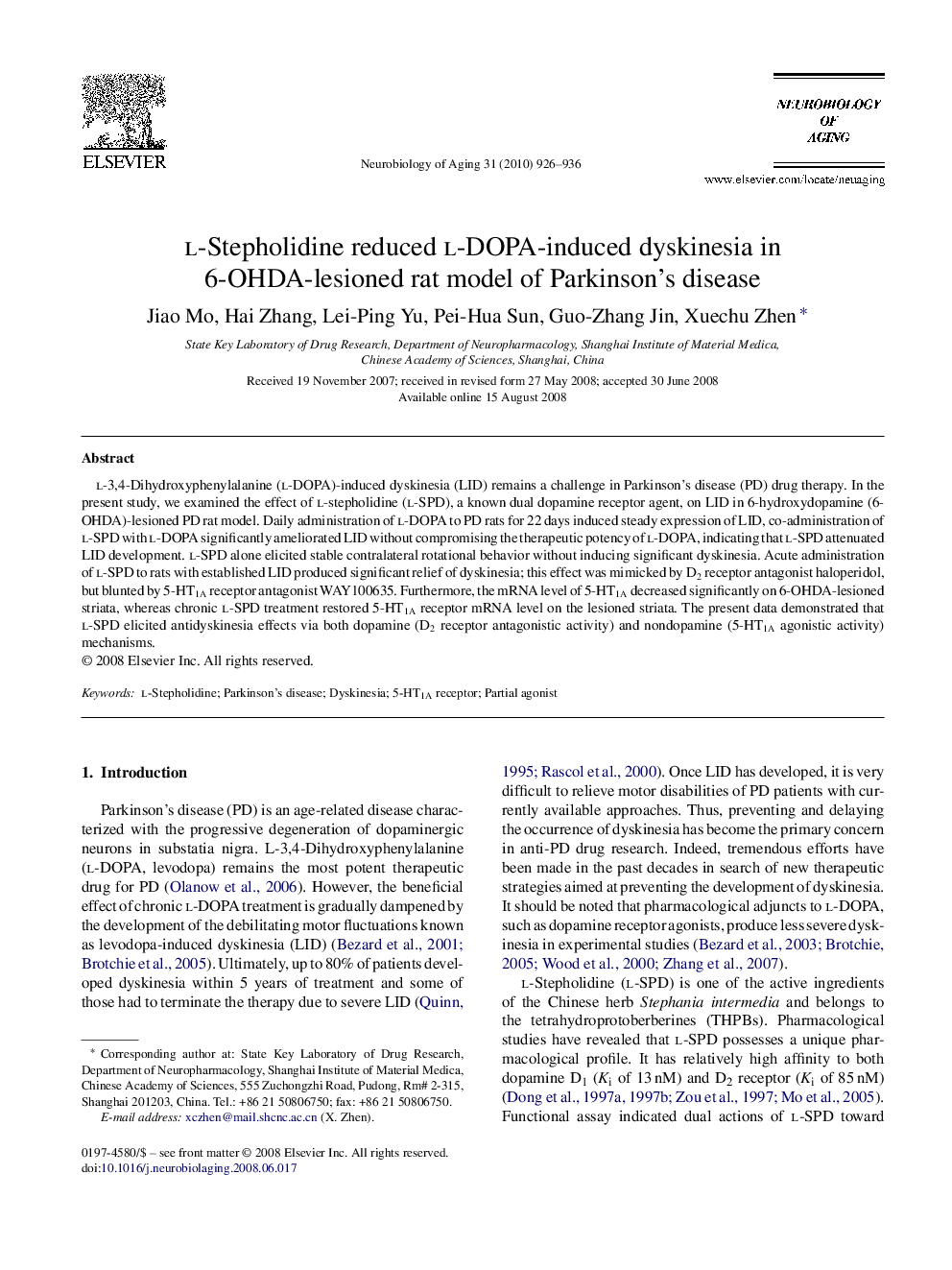 l-Stepholidine reduced l-DOPA-induced dyskinesia in 6-OHDA-lesioned rat model of Parkinson's disease