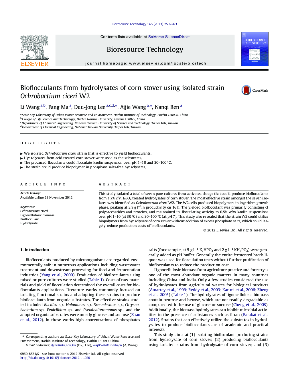 Bioflocculants from hydrolysates of corn stover using isolated strain Ochrobactium ciceri W2