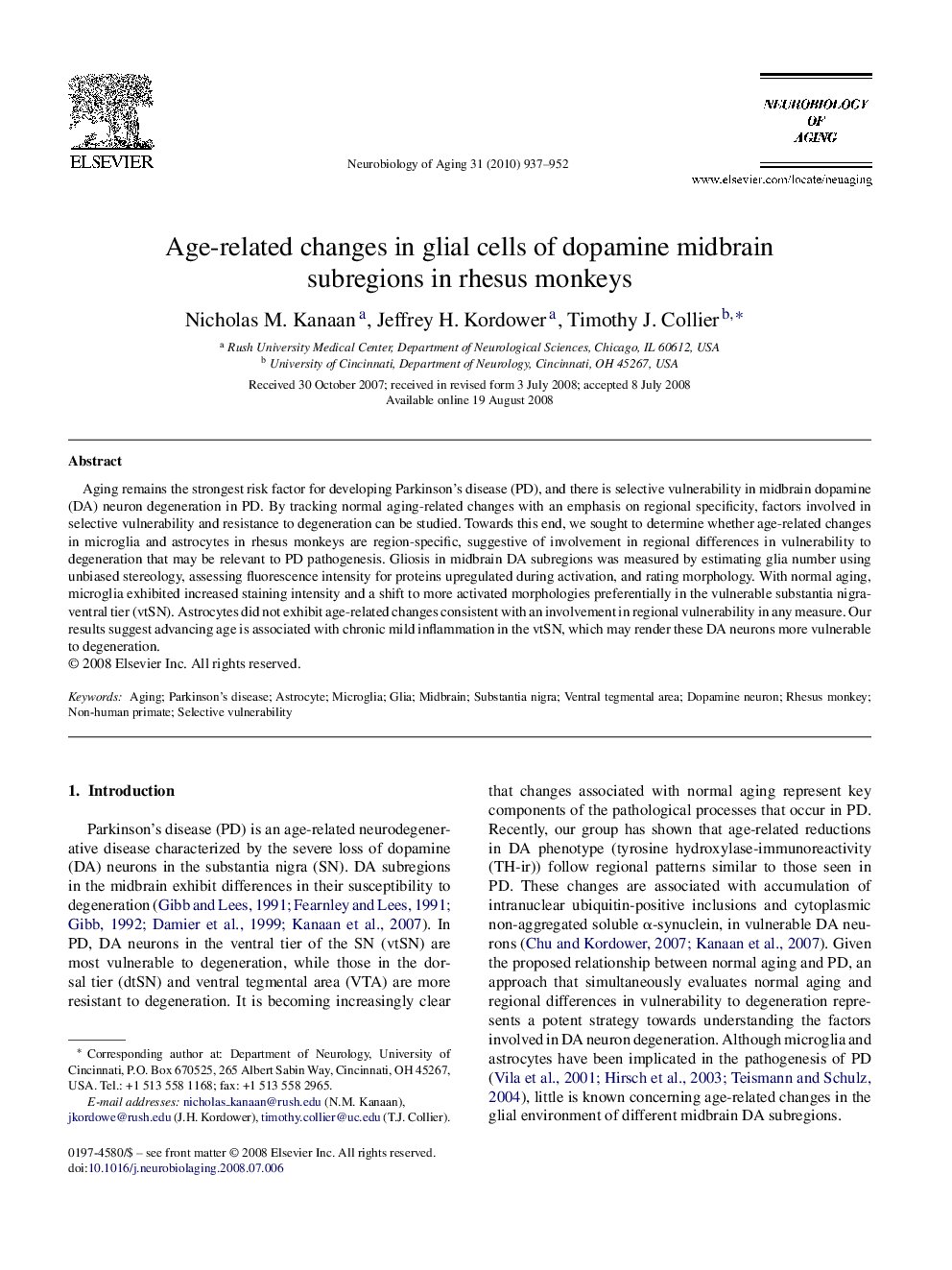 Age-related changes in glial cells of dopamine midbrain subregions in rhesus monkeys