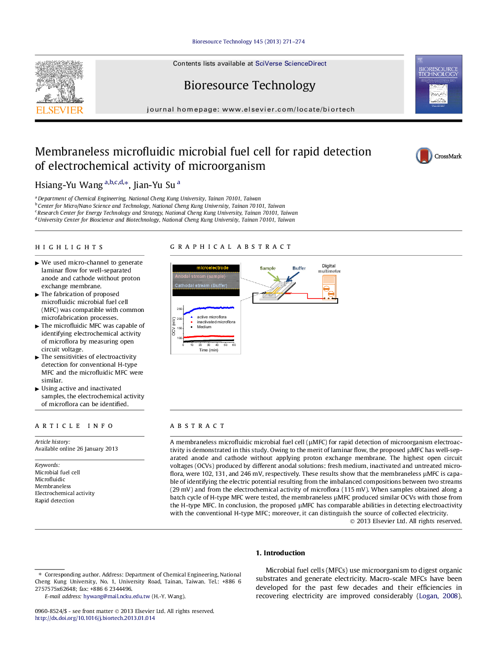 Membraneless microfluidic microbial fuel cell for rapid detection of electrochemical activity of microorganism