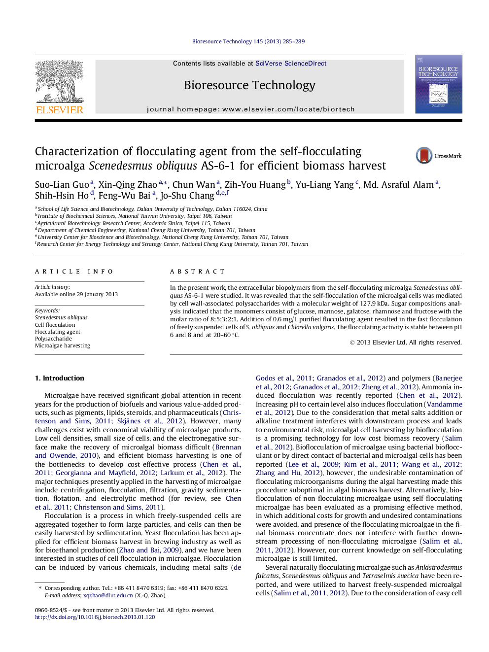 Characterization of flocculating agent from the self-flocculating microalga Scenedesmus obliquus AS-6-1 for efficient biomass harvest