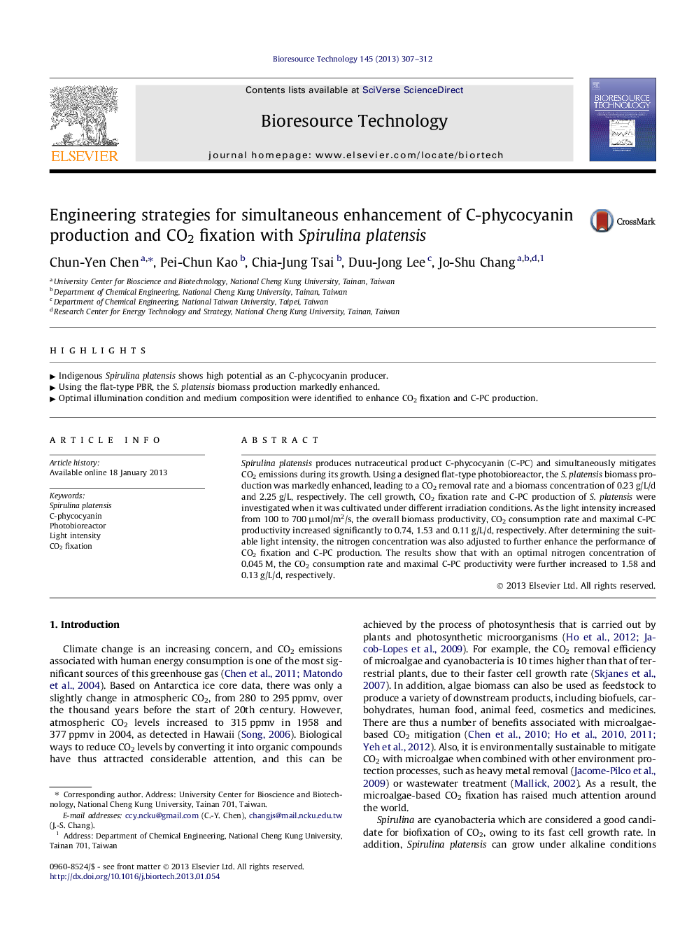 Engineering strategies for simultaneous enhancement of C-phycocyanin production and CO2 fixation with Spirulina platensis