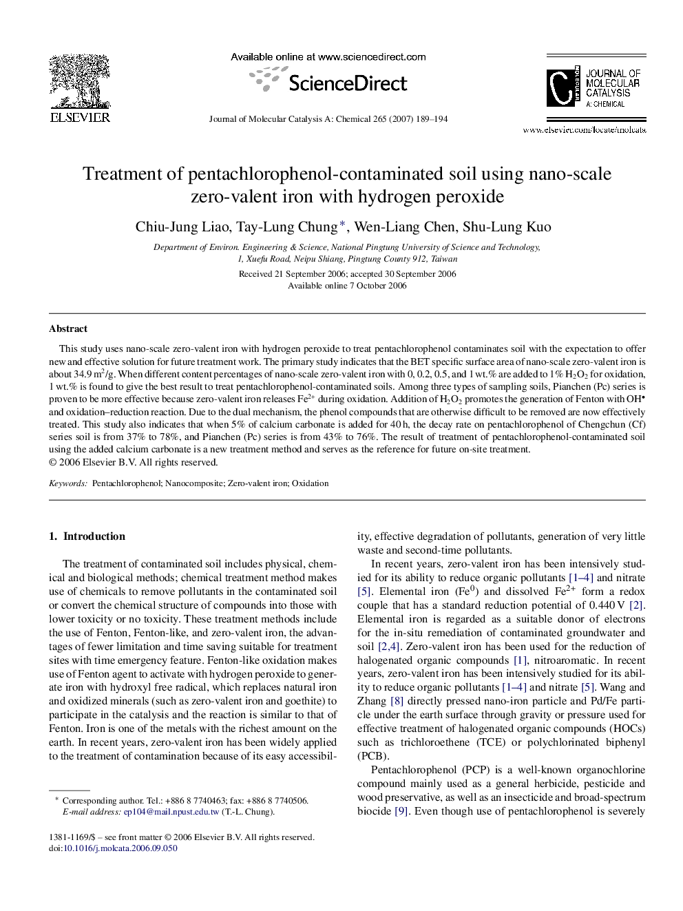 Treatment of pentachlorophenol-contaminated soil using nano-scale zero-valent iron with hydrogen peroxide