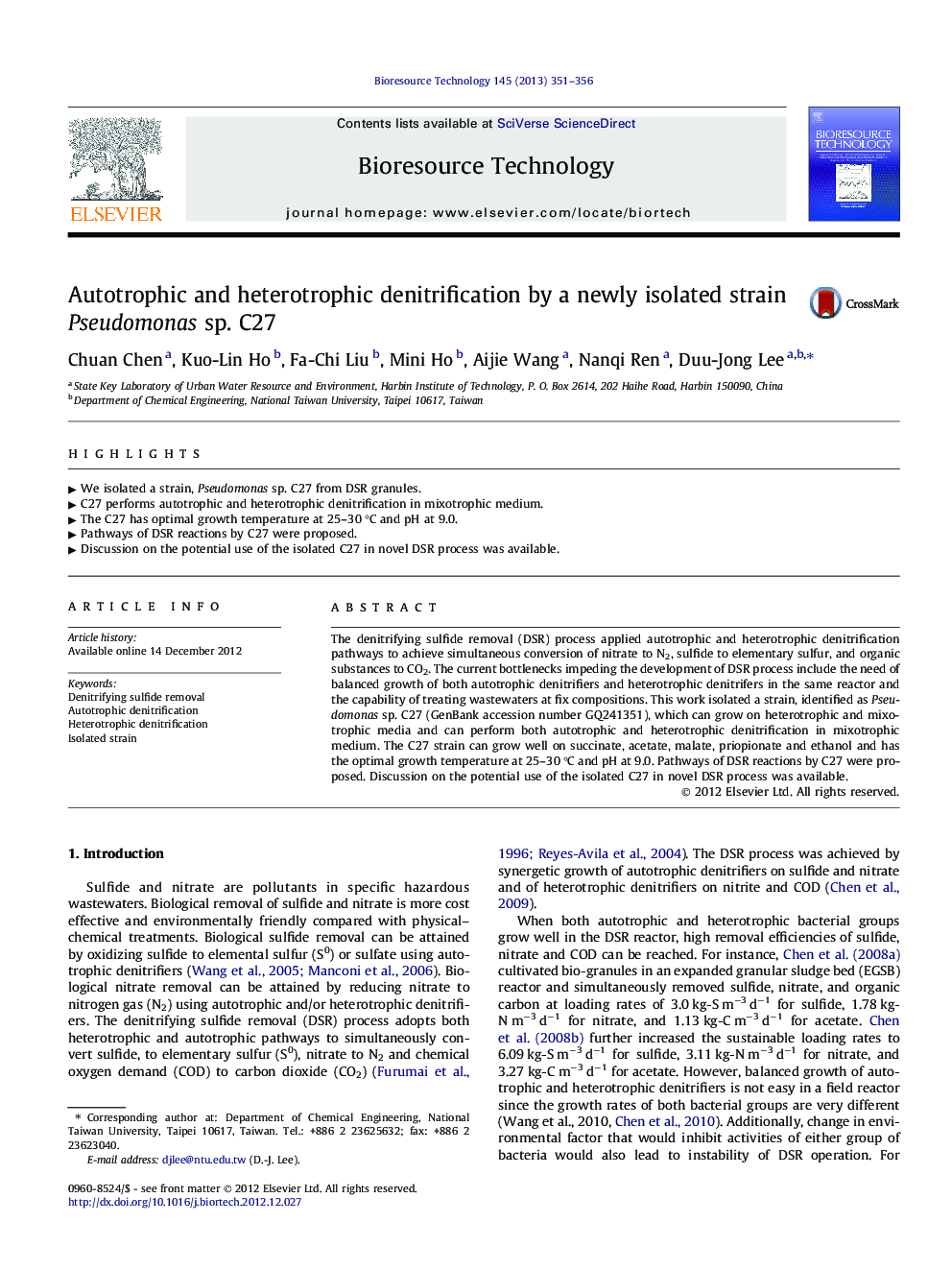 Autotrophic and heterotrophic denitrification by a newly isolated strain Pseudomonas sp. C27