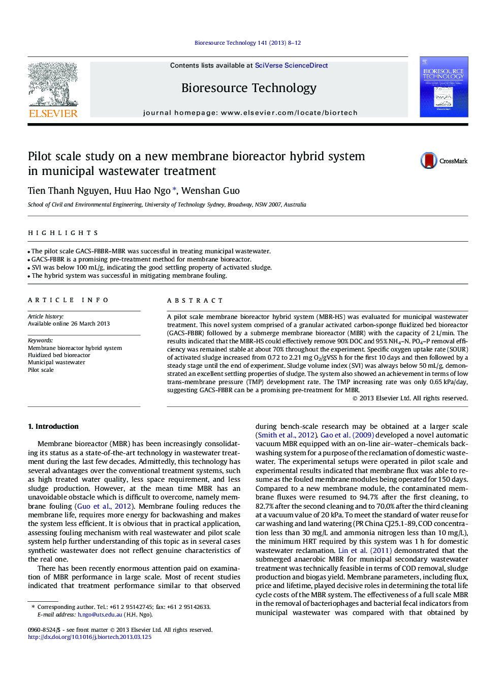 Pilot scale study on a new membrane bioreactor hybrid system in municipal wastewater treatment