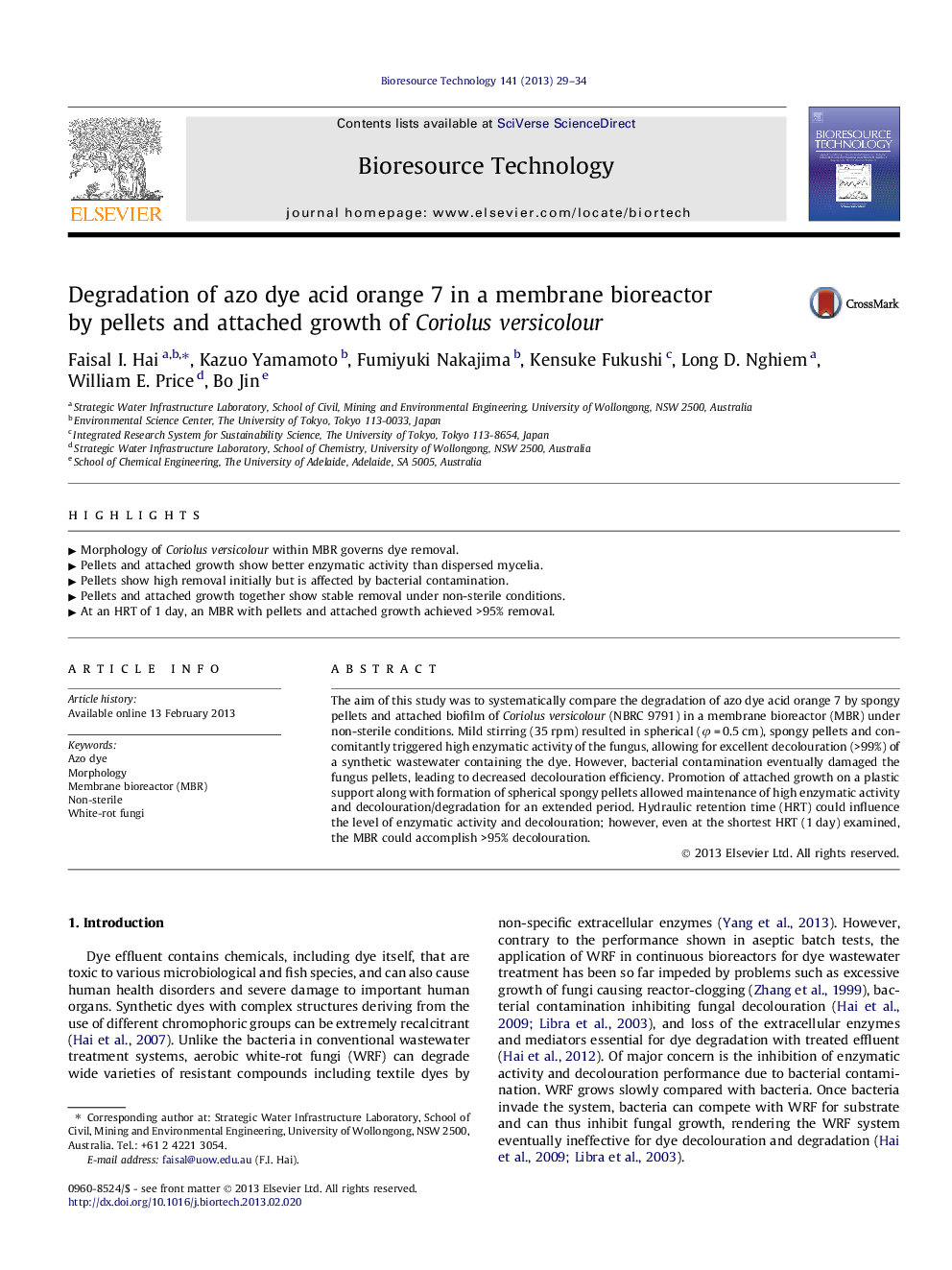 Degradation of azo dye acid orange 7 in a membrane bioreactor by pellets and attached growth of Coriolus versicolour