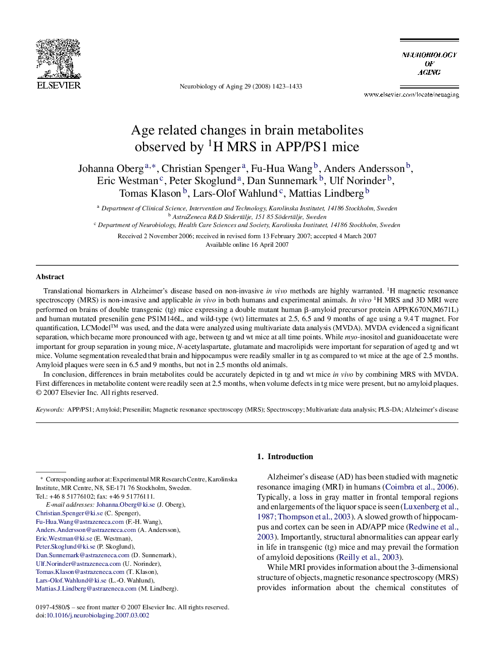 Age related changes in brain metabolites observed by 1H MRS in APP/PS1 mice