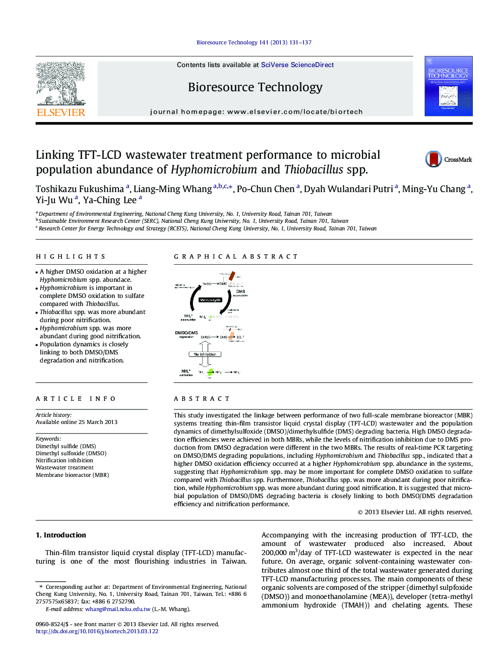 Linking TFT-LCD wastewater treatment performance to microbial population abundance of Hyphomicrobium and Thiobacillus spp.