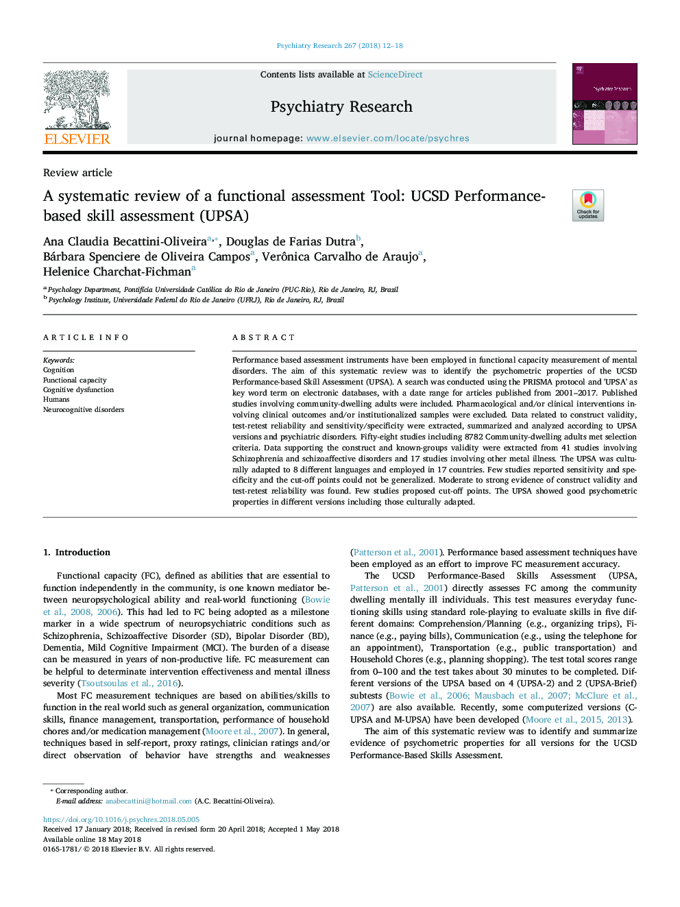 A systematic review of a functional assessment Tool: UCSD Performance-based skill assessment (UPSA)