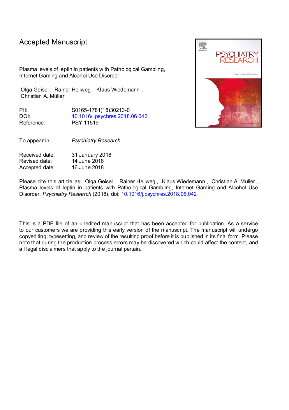 Plasma levels of leptin in patients with pathological gambling, internet gaming disorder and alcohol use disorder