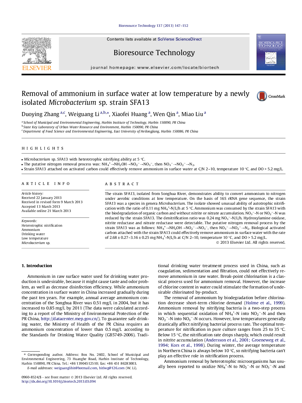 Removal of ammonium in surface water at low temperature by a newly isolated Microbacterium sp. strain SFA13